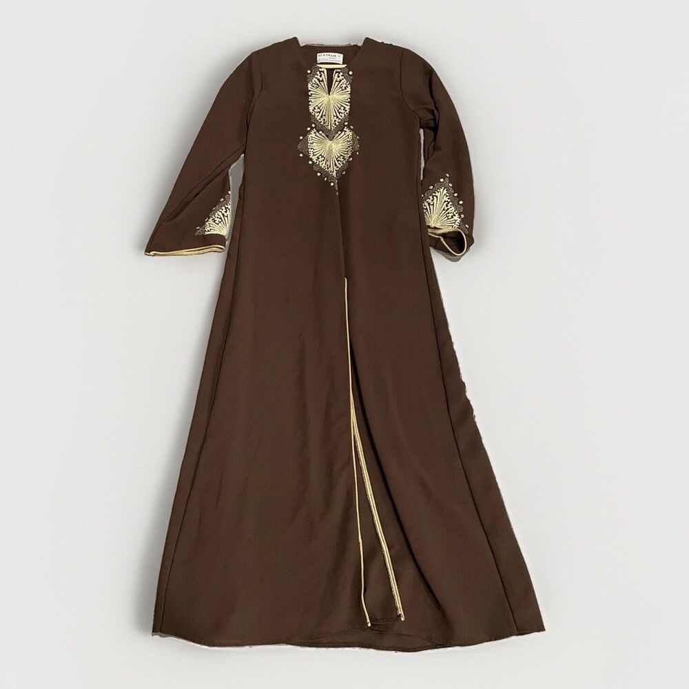 Brown Embroidered Abaya Kaftan Dress Arabic Jalabiya Muslim Maxi Modest Size S